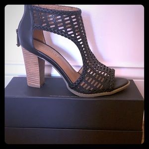 Black and Tan open toed block heels